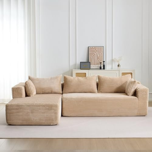 Cozzmats L-Shaped Corner Sofa with Sleep Function - Frameless Sofa Bed with Chaise Longue Left, Extra Deep Seat, Assembly-Free, for Living Room, Black (Beige,1)