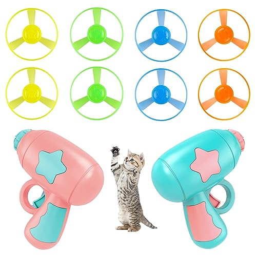 Otbushit 10Pcs Flying Disc Launcher for Cat Cute Colorful Interactive Cats Chasing Saucer Shooter Toy for Indoor Outdoor Training