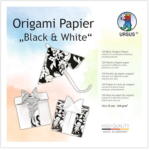 Ursus 282 55 99 - Origami Papier Black & White, Schwarz/Weiß, 120 Blatt, 120 g/m², 15 x 15 cm, 6 Muster, einseitig bedruckt, mit Faltanleitung, Faltpapier zum Basteln, DIY & Deko