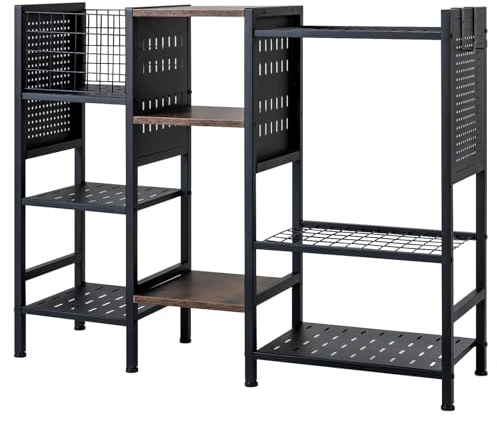 TANGZON Garden Tool Organizer, 3 Tier Tool Storage Rack with 66 Slots, 2 Side Pegboards, 2 Detachable Hooks, Wooden & Metal Shelves, Freestanding Metal Holder for Garage Shed Brooms