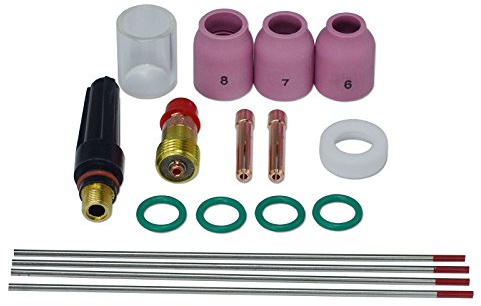 RIVERWELD TIG Stubby Gas Lens 17GL332 10N24S 2.4mm Glass Cup Quartz Nozzle #10 16.0mm Ceramic Cups 53N 2% Thoriated Tungsten Electrode WT20 for SR WP 17 18 26 TIG Welding Torch 17pcs