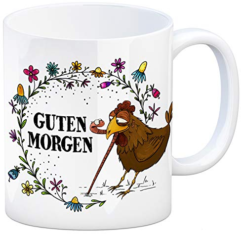 trendaffe Guten Morgen Kaffeebecher mit Huhn und Wurm Motiv Regenwurm Hahn Hühner Henne
