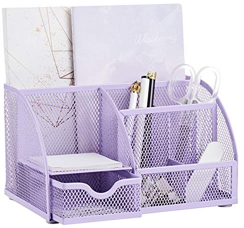Annova Mesh Desk Organizer Office mit 7 Fächern + Schublade/Schreibtischordnung Candy/Stifthalter/Multifunktions-Organizer (Hellviolett)
