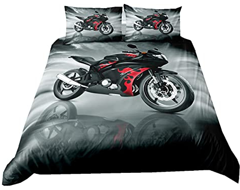 Bettwäsche-Set 2/3 Stück Retro 3D Motorrad Digitaldruck schwarz grau Flamme Motorcycle Muster Mikrofaser Bettbezug für Kinder Jungen Jugendliche mit Kissenbezug (Farbe 4, 135 x 200 cm)