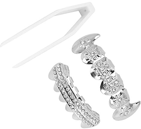 Electroplate Hip Hop Faux Dents Ensemble, Réutilisable sans Décoloration Halloween Festival Dents Décoration Accolade pour Bouche Haut Bas Dents Décoration Brillante(Argent)