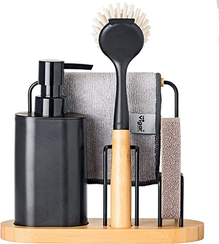 VIGAR - Organizador Fregadero - con Dosificafor de Jabón de 350 ml - 22 x 8,5 x 26 cm - Vintage - con Esponja, Bayeta y Cepillo Lavaplatos - para Fregar Platos - Negro y Bambú