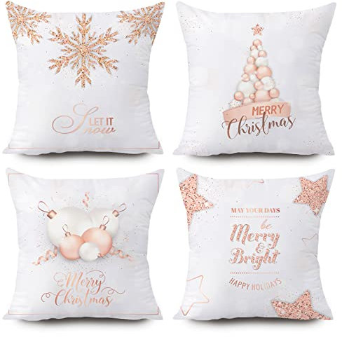 Christmas Cushion Covers Xmas Decorations Throw Pillow Cover Pink White Snowflake Set of 4 Decor For Sofa Living Room Home 18x18 Inch 45x45cm