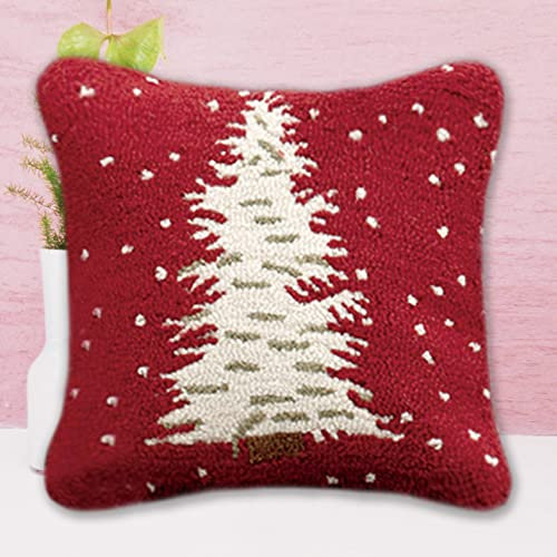 Christmas White Snow Tree Latch Hook Kits Red Pillow DIY Handmade Cushion Crochet Yarn Embroidery Needlework Hook and Latch Kit Pillowcase Rug Cover Home Sofa Christmas Decoration 43x43cm