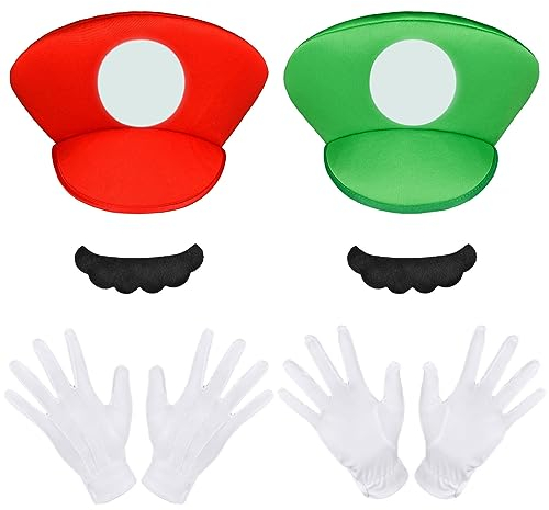 Aomig Disfraz Mario y Luigi Bros, 6pcs Set de Accesorios Mario Classic con Guantes, Bigote y Gorra, Cosplay Disfraz Halloween Carnaval Navidad de Hombre, Mujer, Adulto, Niños
