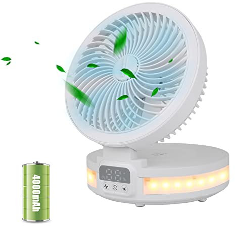 kyaoayo wiederaufladbarer USB-Ventilator tragbarer,4 Geschwindigkeiten Faltbarer Tischventilator, faltbarer elektrisch betriebener Ventilator Luftumwälzer mit Nachtatemlicht, für Zuhause (Weiß)