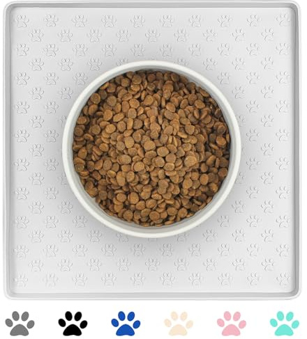 Ptlom Pet Placemat for Dog and Cat, Waterproof Silicone Pet Feeding Bowl Mats for Food and Water, Small Medium Large Dogs Mat Prevent Residues from Spilling to Floor, White, 11.8x11.8