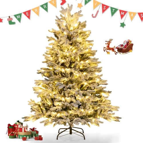 RELAX4LIFE Árbol de Navidad 135/180cm, Árbol de Navidad Nevado Delgado con LED, 384 Puntas de Ramas, y Soportes de Árbol de Navidad de Metal (135cm-688 Ramas)