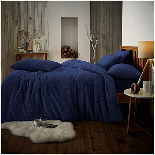 GC GAVENO CAVAILIA 3 Pieces Teddy Bear Duvet Cover Kingsize | Super Soft Thermal Quilt Covers Bedset With Matching Pillowcases | Easycare Warm Fluffy Fleece Bedding Set | Navy