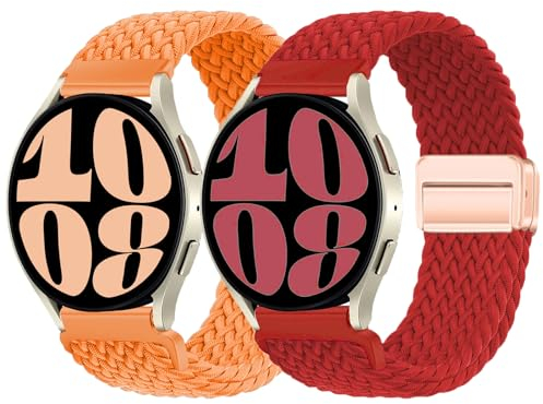 2 Pack Bracelet Nylon pour Samsung Galaxy Watch 6/5/4 40mm 44mm/6 classic/watch 5 Pro 45mm/4 classic 42 46mm,20mm Bracelet Tressés élastique de Bracelet Sport avec Boucle Magnétique,Rouge/Orange