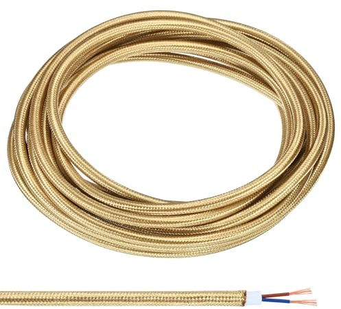 PATIKIL Tissu Tissu Couvert Rond Fil 16,4 ft 18AWG 2 Noyau Lumière Doré | Vintage Tissé Électrique Cordon pour Pendentif Lumière DIY Projet