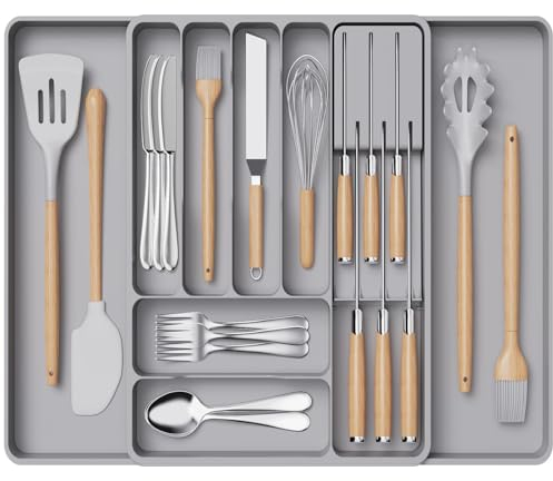Lifewit Range-Couverts pour Tiroirs, Plateau à Couverts Extensible avec Bloc à Couteaux Amovible, Rangement Couverts Ajustable, Couverts en Plastique, Cuillères, Fourchettes, Grand, Gris
