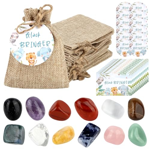 12 Stück Glückssteine für Kinder, Bunte Glückssteine mit “Glück BRINGER” Waldtier Grußkarten, Glücksbringer Stein Party Mitgebsel Kindergeburtstag Gastgeschenke, Weihnachtsgeschenke für Kinder