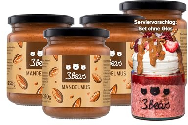 3Bears Mandelmus 4x250g - 100% geröstete Mandeln - braunes Mandelmus, Mandelbutter & Almond Butter ohne Zuckerzusatz, glutenfrei & vegan - aus München