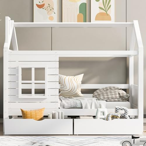 Hausbett Kinderbett Jugendbett 90*200 mit Rausfallschutz vielseitiges Holz Kinderbett für Jungen & Mädchen, Massivholz Kinder Bett mit Rausfallschutz Fenster und Lattenrost, Weiss (90x200 cm)