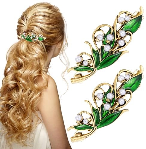 2 PCS Green French Vintage Leaf Hair Barrettes,Hand Crafted Spring Clip Metal Hair Pin,Elegant Jewelry Hair Decorations for Women Girls
