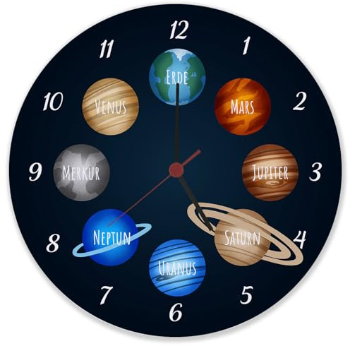 speecheese Planeten des Sonnensystems Wanduhr aus Glas für Kinder Lernuhr für das Kinderzimmer mit schönem Universum Weltall um Kindern die Galaxie zu Zeigen