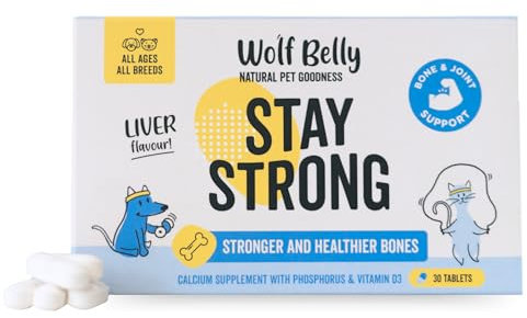 Wolf Belly - Calcium pour Chiens et Chats, Supplément pour Régime Barf (30 comprimés) Soin des Os et Articulations avec Phosphore et Vitamine D, Absorption Maximale, Formule Faible Matières Grasses