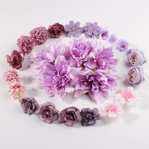 ZIGefofo 26 Stück Kunstblumen Köpfe 2-10cm Verschiedene Sorten Künstliche Deko Blumen Mini Fake Blumenköpfe Kunstblume Flowers Künstlich Dekoblumen für Tortendeko Hochzeit DIY Handwerk Deko (Lila)