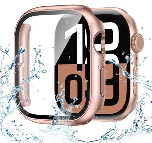 Kamita Coque Étanche Compatible avec Apple Watch Série 10 42mm, Dur PC Bumper Case avec Protecteur d'écran en Verre Trempé, Antichoc Étui de Protection Imperméable Housse pour iWatch 10 42 (Or Rose)