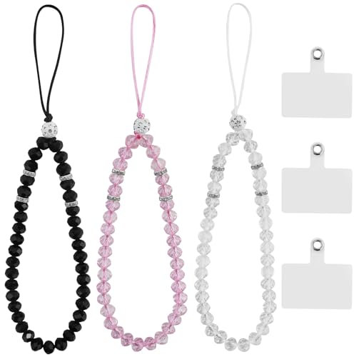 Lot de 3 Cordons Courts pour Téléphone Portable - Pendentif Avec Perles et Pierres de Cristal Naturelles - Universel Avec 3 Coussinets