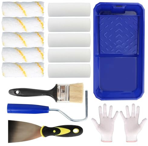 15 Stücke Farbroller Wandfarbe,4inch Malerrolle Klein mit Farbwanne Rollenhalter Pinsel Handschuhe,Farbroller Klein zum Streichen von Wänden, Möbeln und Decken