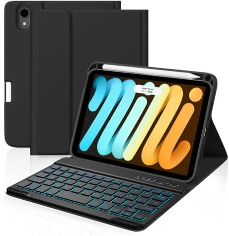 Cousper for iPad mini 7 Keyboard Case A17 Pro 2024/iPad Mini 6 Generation Case with Keyboard 2021 8.3 Inch, Pencil Holder, 7 Color Backlit Detachable Keyboard Cover for iPad mini 7th/6th Gen,Black
