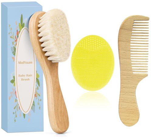 MolYuan Baby Hair Brush, Goat Bristles Brush and Baby Cradle Cap Brush Set for Cradle Cap Wood Bristle for Newborns and Toddlers (3PCS(Yellow Silicone Brush+Hair Brush+Wood Comb))