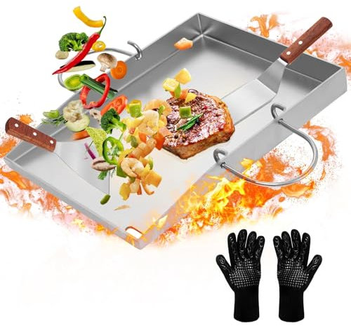 Dibaful Edelstahl Grillplatte Plancha Universal 40x32 cm Gas Holzkohlegrill Anti-Stick | Grillschale für Kohle und Gasgrill Burger Spiegelei Grill Platte mit 2 Spatel Handschuhe