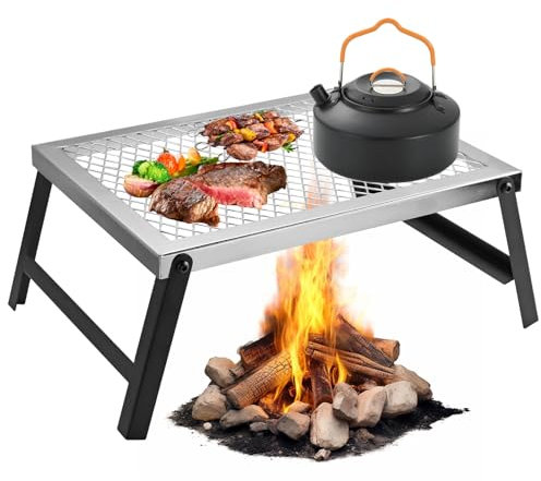 GARLLEN Folding Campfire Grill, Portable Camping Grates with Heat-Resistant Mesh Desktop, Lightweight Over Fire Camp Grill Table for Outdoor, BBQ, Cooking Fire Pit, 16L x 12W, Silver