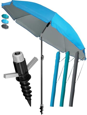 4smile Sonnenschirm Strand SunnyJoy Ø 200 cm, 3er Set - Strandschirm mit UV Schutz 50+, inkl. Sonnenschirm Schutzhülle und Bodenhülse - Strandschirm windfest stabil, Sonnenschutz Strand, Blau