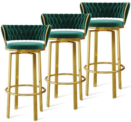 Luxuriöser Barhocker, 360 ° drehbar, 1er-/2er-/3er-Set, Samt-Barhocker mit offener Rückenlehne, gewebter Rückenlehne und gold-/schwarzer Fußstütze, Esszimmerstühle für Kücheninsel und Pub, grün-golden