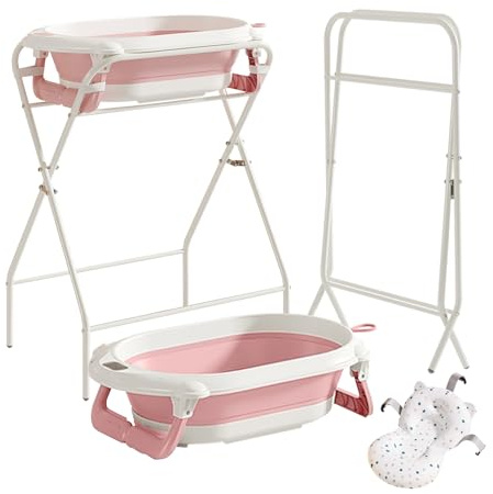 UBRAVOO Faltbare Babybadewanne – Ständer + Thermometer + Badekissen, Für Neugeborene bis 12 Monate (Rosa)