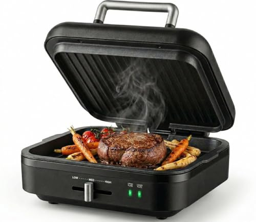 Gadgy Kontaktgrill 2-i-1 1400W – Elektrisk Bordsgrill med Avtagbar Grillplatta – Justerbar Temperatur – Enkel- & Dubbelsidig Grillning – Non-Stick Beläggning – Matt Svart/Silver