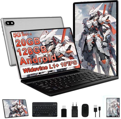 Tablette Android avec Gemini AI Tablette10 Pouces, 128Go ROM(2 To TF Extensible), Octa-Core, Widevine L1, GMS Certification, 5GWiFi, 5+8MP, Bluetooth 5.0, Tablette avec Clavier +Souris et Cast,Silver