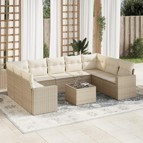 QJBSAVVA 10-TLG. Gartenlounge Beige Poly Rattan Eckbank mit Stauraum Glasplatte Modernes Design UV-beständig für Terrasse Balkon und Innenhof