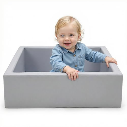 Wilwolfer Bällebad für Kleinkinder: Bällebad aus hochwertigem Leder für Babys – Quadratisches, weiches Spielbällebecken – weicher Memory-Schaum – Größe 90 x 90 x 30 cm