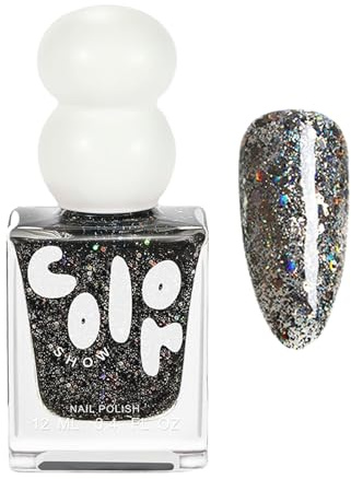 Glitter Black Nail Polish - Quick Dry & Long-Lasting - Chip Resistant Nail Polish for Women Girls DIY - No Need Cure DIY Home Manicure (Glitter, Black)