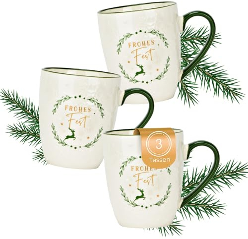 Weihnachtstassen 3er Set Frohes Fest, Kaffeetassen 360 ml - Tassen für Kaffee & Tee für Weihnachten