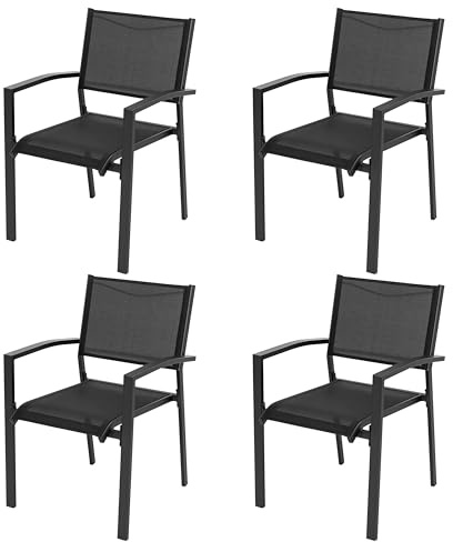 Avestar 4er-Set Gartenstühle stapelbar, atmungsaktiv, aus Textilene-Gewebe und Pulverbeschichtetem Eisenrahmen, Balkonstuhl, Essstühle, Terrassestühle, für Garten und Balkon, Schwarz