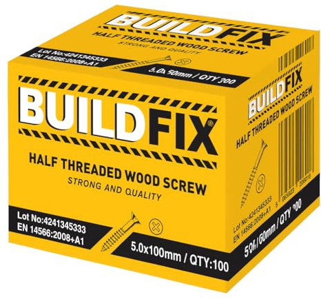 100mm Wood Screws 5mm PZ2 Partially Threaded Countersunk 100 Pack BuildFix | Partially threaded 5 x 100mm PZ2 wood screws designed to pull timber joints together. Yellow zinc finish, 100 pack.
