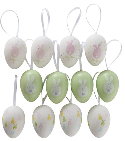 BOLTZE Set mit 12 Ostereier, Dekoeier, pastellfarbig mit weißem Band, 3 Motive, Kunststoff, Plastikeier, Osterdekoration, handgearbeitet