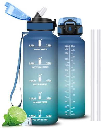 Mujigaga Gourde 1,5l, Gourde Sport Anti Fuite, Gourdes Graduée pour 1 Journee Verrou de Sécurité, Avec Marqueur de Temps, Bouteille Motivation avec Paille pour Gym, Plein Air, Bureau