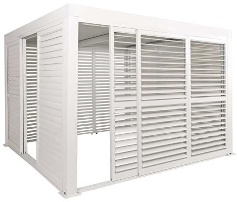 BERLINLODGE Alu Pergola | HxBxT 220x300x300cm | 6X Lamellenpaneel 6X Schiebetüren | 11cm-Gestell | Weiß | Pavillon Terrassenüberdachung