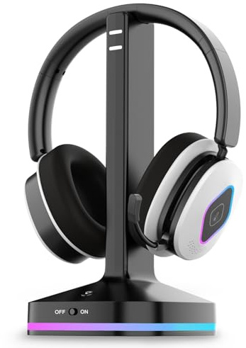 Earbay 2.4GHz Wireless Gaming Headset mit Bluetooth Kopfhörer Für PS5, PS4, PC, Switch, Xbox & Laptop, 6.0 Bluetooth Gaming Headset mit Mikrofon, klappbarem Mikrofon, 40h Akku, RGB-Ladestation