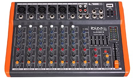 Ibiza - MX801 - Komplettes semiprofessionelles 6-Kanal-Mischpult (5-Band-Equalizer) mit MONO-, Mikrofon- und Line-Eingängen und REC-, RCA-, Kopfhörer- und AUX-Ausgängen - USB - Schwarz und orange